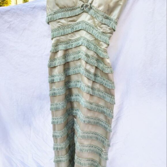 🍸  🥂 🍾 1950s Edward Abbott Designer Gown | Pale Mint Green Satin + Fringe | V - Picture 2 of 6